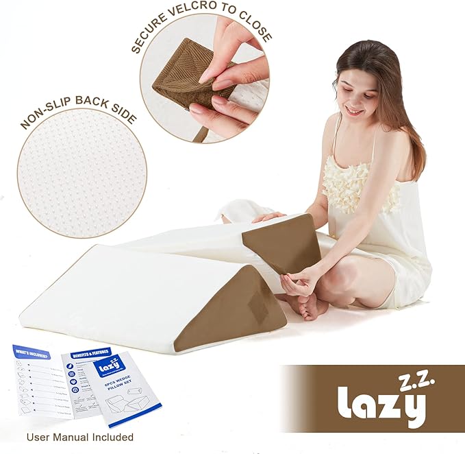 Lazyzizi 6pcs Orthopedic Bed Wedge Pillow Set, Memory Foam Wedge Pillow for Sleeping, Knee, Lumbar and Back Pain Relief Adjustable Bed Pillow - Acid Reflux, Anti Snoring & GERD Sleeping, Brown