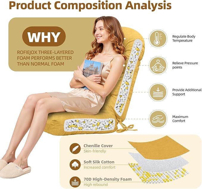 Rocking Chair Cushion - Chenille Fabric, High-Density Sponge, Durable Comfort Non-Slip Bottom Tufted Seat Pads with Ties, Chenille︱Yellow, 44x19x4 inch