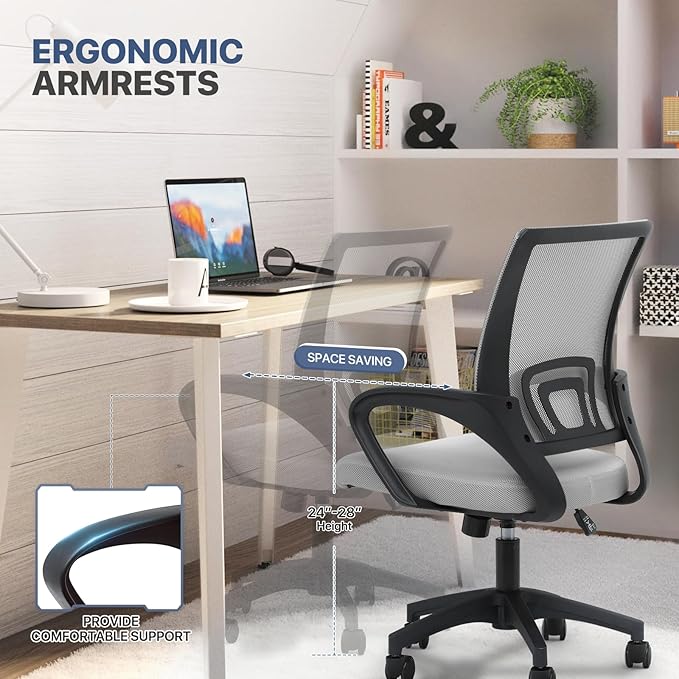 MoNiBloom Mesh Office Chair Set of 2, Ergonomic Computer Chair for Adults, Rolling Swivel Mid-Back Desk Chair with Lumbar Support, Comfy Armrest for Home Office, Gaming, Light Gray