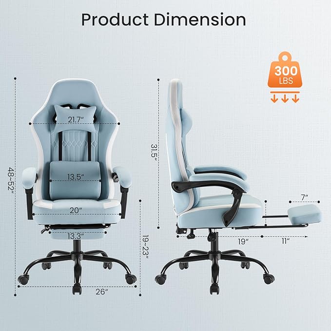 Sweetcrispy Video Game Chair - High Back Ergonomic Computer Desk Chair with Footrest & Lumbar Support, Height Adjustable Task Chair with Linkage Armrests and Headrest, 360° Swivel Wheels, Blue