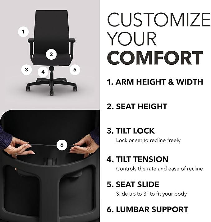 HON Ignition 2.0 Mid Back Task Chair, Spectrum Mesh, Standard Synchro-Tilt Control, Office Chair with Lumbar Support, Height and Width Adjustable Arms, Black Frame, Onyx