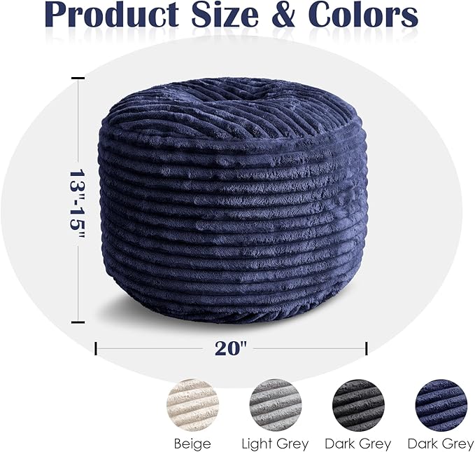SHOUREN Stuffed Round Ottoman,Corduroy Pouf Ottoman Foot Rest with Foam Filling,Pouf Storage Ottoman Footstool for Living Room,20 X 15 Floor Poufs for Couch - 20 X 15 Inches,Navy