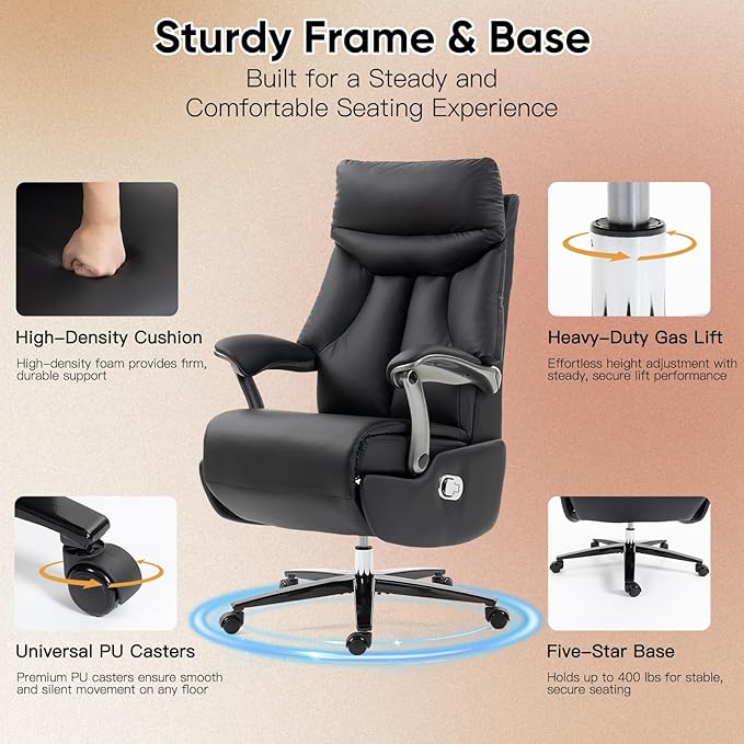 ECOTOUGE Electric Executive Office Chair with Footrest, 400LBS Big and Tall Office Chair, Comfortable Ergonomic Recliner Chair for Home Office, Studio or Gaming Room, Black