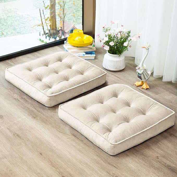 1 MIDDLE ONE Floor Pillow Set of 2, Memory Foam Meditation Cushion, Floor Cushions for Adults Sitting, Large Square Seat Cushions for Yoga, Living Room, 20x20 Inch (Off-White)
