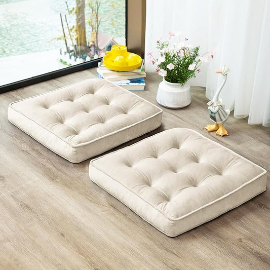 1 MIDDLE ONE Floor Pillow Set of 2, Memory Foam Meditation Cushion, Floor Cushions for Adults Sitting, Large Square Seat Cushions for Yoga, Living Room, 22x22 Inch (Off-White)
