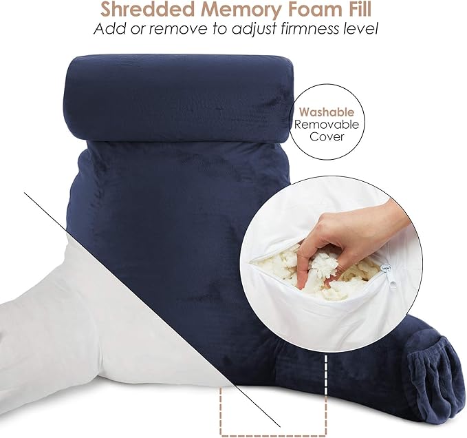 Clara Clark Reading Pillow with Shredded Memory Foam Includes 2 Neck and Lumber Support Pillows, Designed for Sitting Up in Bed and Couch, Back and Arms Adjustable Support for Adults & Teens Navy Blue