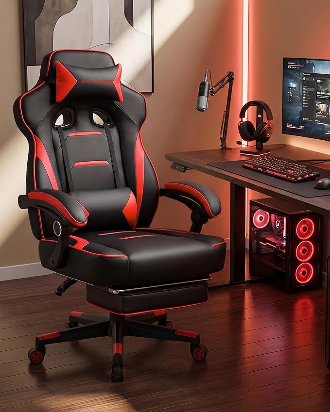 GTPLAYER Gaming Chair with Footrest, Big and Tall Game Chair 350lb Racing Style Computer Chair, Ergonomic Executive Office Chair High Back with Lumbar Support and Recliner, Red