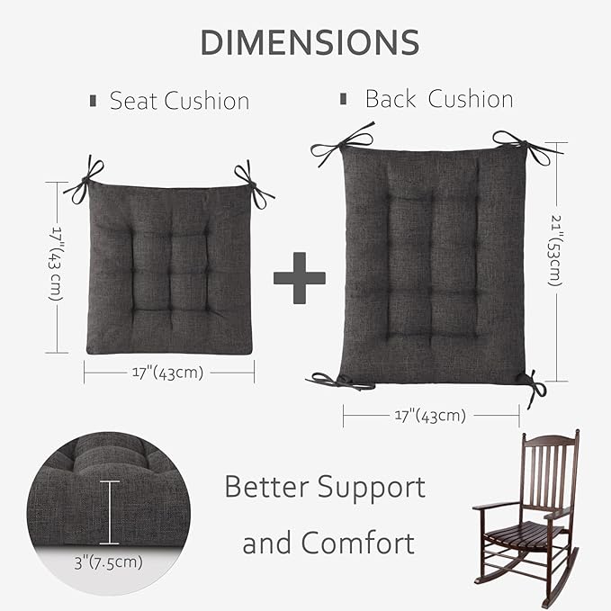 ELFJOY Rocking Chair Cushion Large Rocking Chair Pads with Ties Premium Linen High Back and Seat Cushion 2 Piece Set Linen Dark Grey