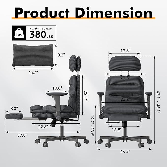 GXJ Criss Cross Chair with Flip-up Arms, Executive Office Chair with Foot Rest, Swivel Cross Legged Office Chair with Lumbar Pillow&Headrest, Corduroy Comfy Computer Desk Chair for Home, Black
