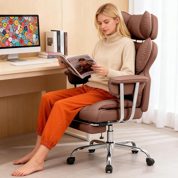 DUMOS Big and Tall Office Chair 350 LBS, Scratch-Resistant PU Leather Executive Office Desk Chair with Footrest, Ergonomic Reclining Computer Chair with Pocket Spring Support for Home Office, Brown
