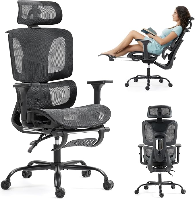 ECOTOUGE Ergonomic Office Chair with Footrest, High Back Mesh Computer Chair with Adjustable Lumbar Support, Rolling Swivel Desk Chair for Home Office, Gaming Chair with Headrest and Wheels, Black