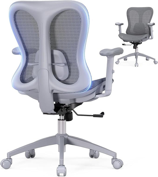 amseatec Ergonomic Office Desk Chair, Comfortable Computer Gaming Chair, Breathable Mesh Back & Seat, Adjustable Armrest, Lumbar Support, Butterfly Design for Home Office (Gray)