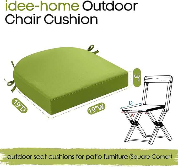 idee-home Outdoor Chair Cushions Set of 4, Thick 19" x 19" x 3" Outdoor Seat Cushions Patio Furniture Waterproof with Ties, Dining Pads