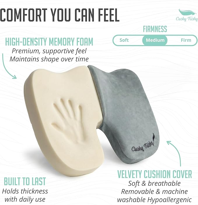 Cushy Tushy Premium Slim Foldable Travel Seat Cushion - for Relief of Lower Back, Sciatic, Butt and Tailbone Pain - for Home & Office Use, Perfect for Travel or Driving - Slim Coccyx Seat Cushion