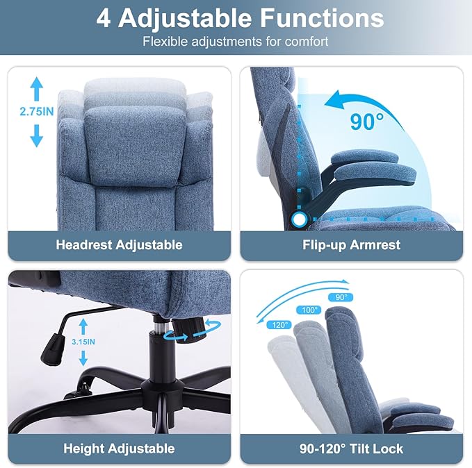 High Back Fabric Office Chair, Ergonomic Computer Desk Chair with Adjustable Headrest & Flip-up Armrests, 120° Tilt Rock Function, 400 lbs Weight Capacity for Home Office & Lumbar Support