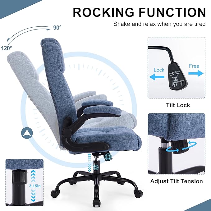 High Back Fabric Office Chair, Ergonomic Computer Desk Chair with Adjustable Headrest & Flip-up Armrests, 120° Tilt Rock Function, 400 lbs Weight Capacity for Home Office & Lumbar Support