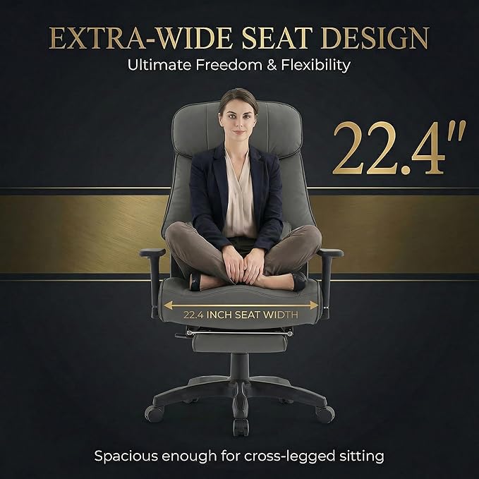 Big and Tall Office Chair 400lbs, Premium PU Leather Executive Chair with Extra Wide Saddle Seat for Cross Legged, 3D Armrests, Footrest, Heavy Duty Ergonomic Reclining Desk Chair (Grey)
