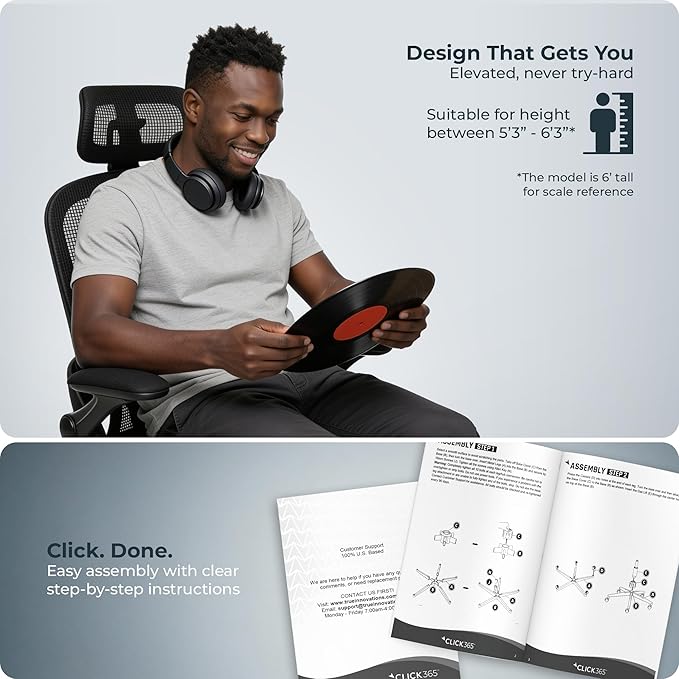 AeroCore M320 Ergonomic Office Chair, High Back Breathable Mesh Computer Chair with Lumbar Support, Adjustable Headrest & Tilt, Flip-Up Arms, 360° Swivel Home Office Desk Chair, Black