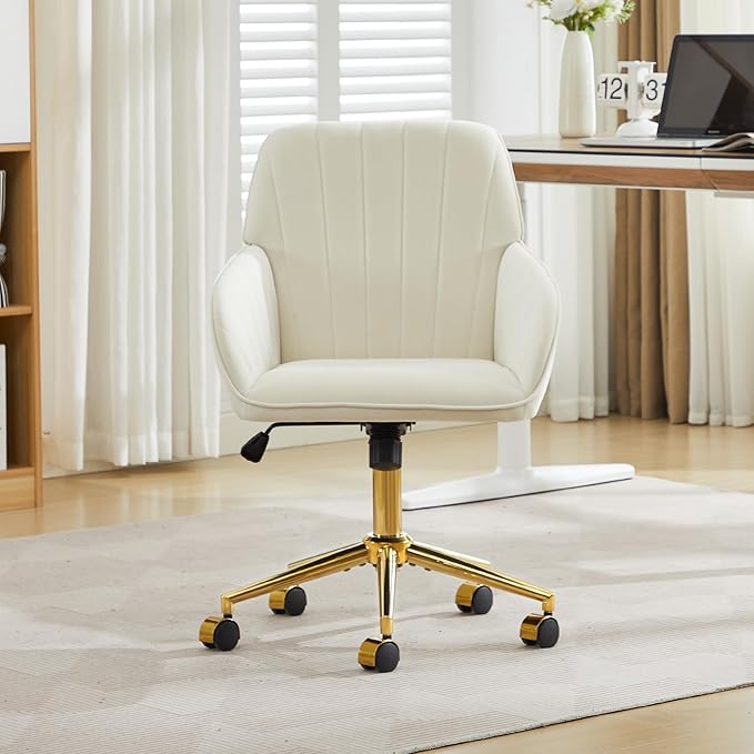 Velvet Home Office Desk Chair, Modern Cute Computer Task Chair with Back, Height Adjustable Upholstered Vanity Chair with Swivel Wheels for Women, Girls (Gold Base, Cream