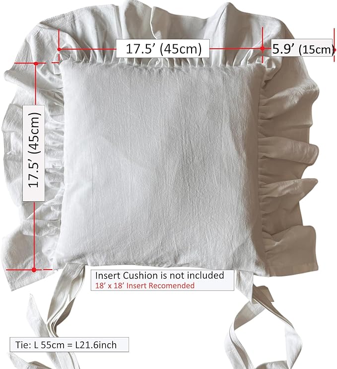 Korean Made Chair Pad Slipcover 17.5'x17.5' Chair Cushion Cover Ties with Ruffle Farmhouse Decor Covers Only, Gift for Mom (Solid White) Stocking Stuffer