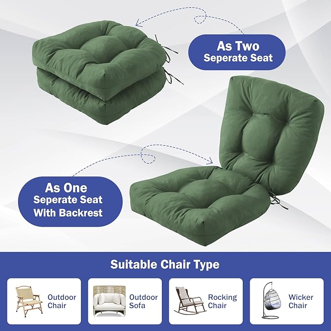 IPYNBAP Outdoor Chair Cushions Set of 2, Patio Chair Cushions with Ties, 19x19+5” Tufted Outdoor Seat Cushions, Waterproof Patio Furniture Cushions, Outdoor Dining Chair Pads, Forest Green