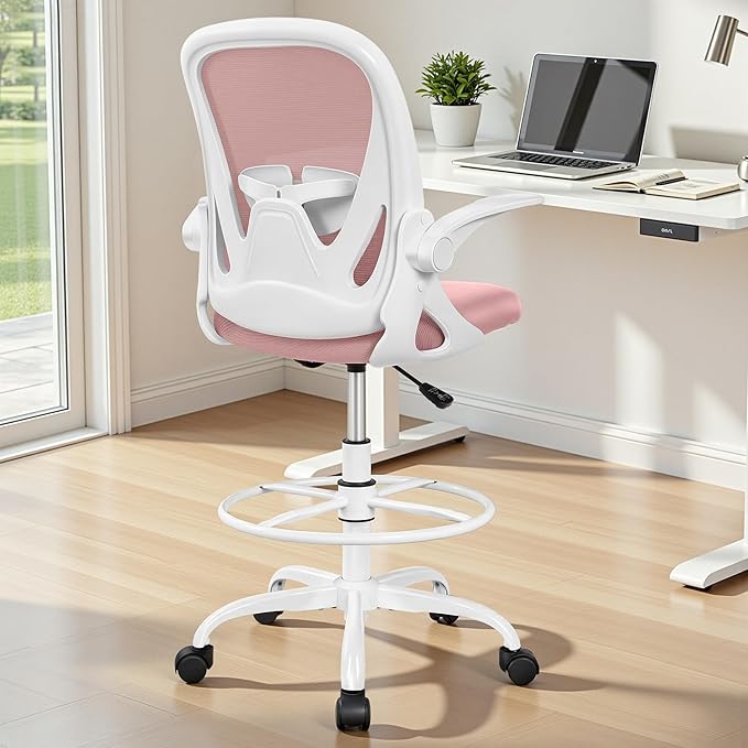 Primy Drafting Chair Tall Office Chair with Flip-up Armrests Executive Ergonomic Computer Standing Desk Chair with Lumbar Support and Adjustable Footrest Ring (Rose Quartz)