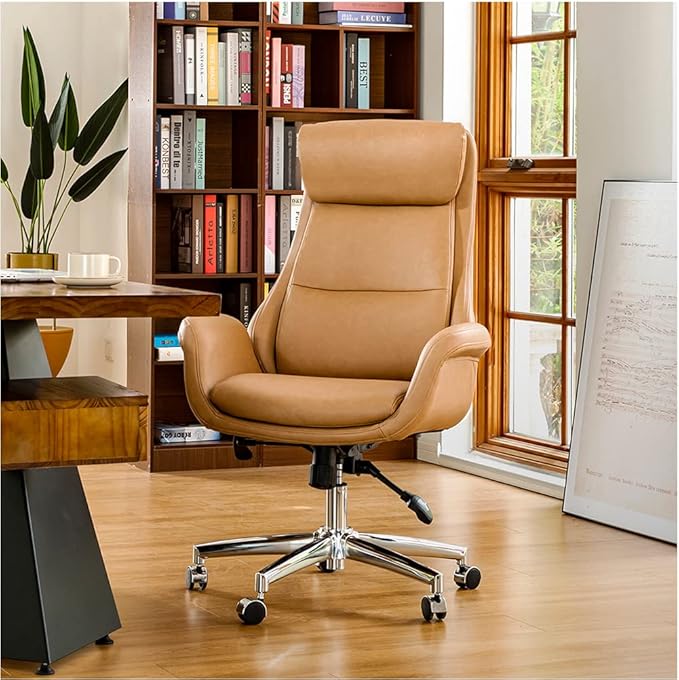 Glitzhome Modern High Back PU Leather Chairs Computer Desk Chair, Task Chair with Lumbar Back Support Adjustable Office Chair Executive Swivel Chair(Camel)