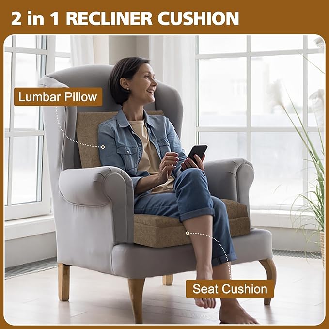 Recliner Cushion for Elderly with Lumbar Support Pillow - 20x20x5 Inch Extra Thick Recliner Seat Cushion for Seniors Relief Back Pain and Tailbone Pain from Long Sitting Non-Slip Bottom Brown