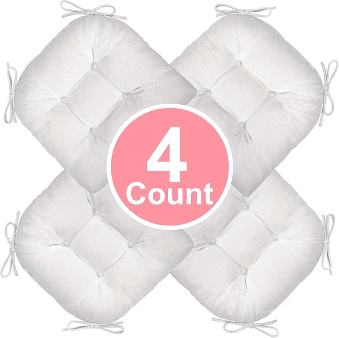 Chair Cushion, Chair Cushions for Dining Chairs, Chair Pads and Mat with Ties for Indoor Kitchen Seat and Desk (White, 4 Count - 17 x 16 in)