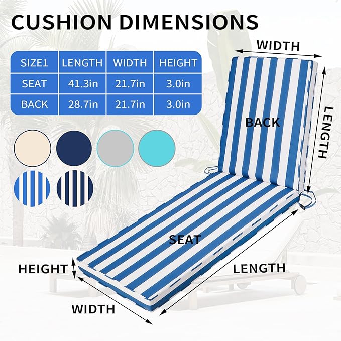 Outdoor Chaise Lounge Cushions for Patio, 72"x22"x3" Lounge Chair Cushions, Waterproof Replacement Seat Cushions for Outdoor Furniture