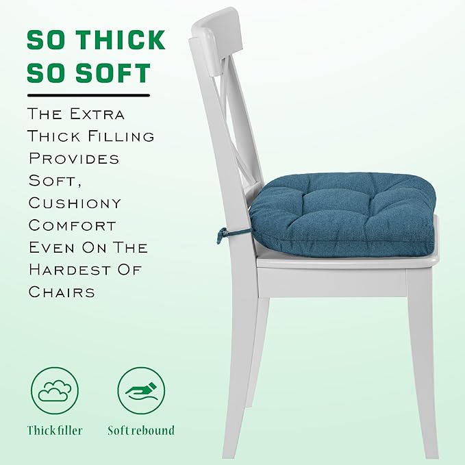 SQUARE MOON Chair Cushions for Dining Chairs, 3 Inch Thick Comfortable Kitchen Chair Pads, Dining Room Seat Cushions with Ties, Machine Washable, 17" x 16" x 3", 4/Pack, Blue