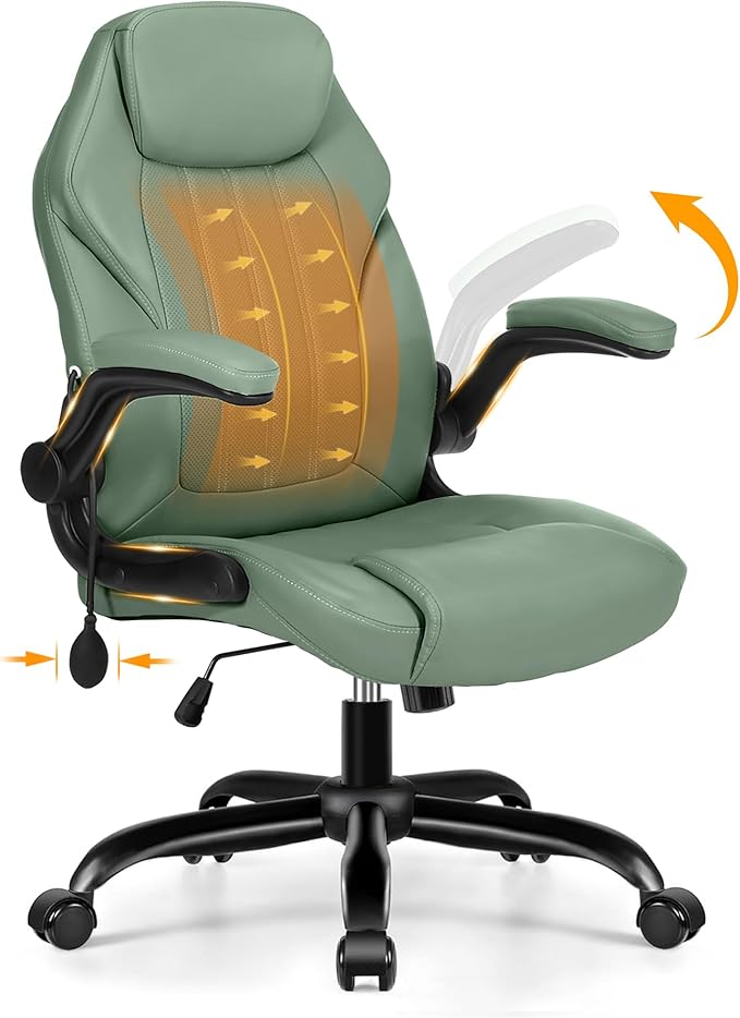 Ylzyxal Office Desk Chair, Ergonomic Computer Chair with Padded Flip-Up Arms and Adjustable Lumbar Support, PU Leather Executive Chair with Tilt Lock and 360° Swivel Rolling Wheels for Work, Study