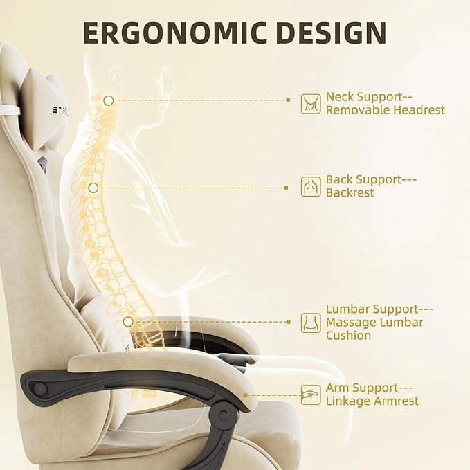 Ferghana Velvet Fabric Ergonomic Gaming Chair with Footrest and Massage, High Back Reclining Computer Gamer Chair for Adult, Racing Style PC Video Game Chair Suitable for Home Office (Beige)