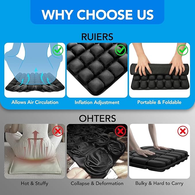 Inflatable Seat Cushion 56 Air Bubble Cell Advanced Pressure Relief for Office Chair, Car, Wheelchair, Long Sitting & Travel – Tailbone, Hemorrhoid & Sciatica Pain Relief Pillow