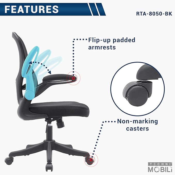 Ergonomic Office Chair with Mesh Back Rest Lumbar Support Flip Up Arms and Swivel, Mid-Back Task Home Office Chair