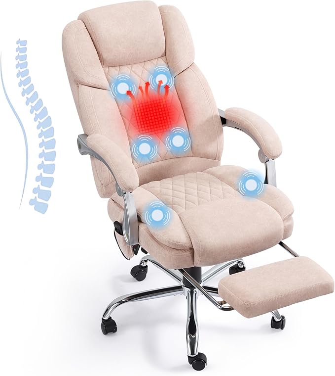 HOMREST 6-Point Massage Office Chair with Footrest, Heated Executive Office Chair with Reclining Backrest, Velvet Ergonomic Computer Desk Chair with Padded Armrest,Pink
