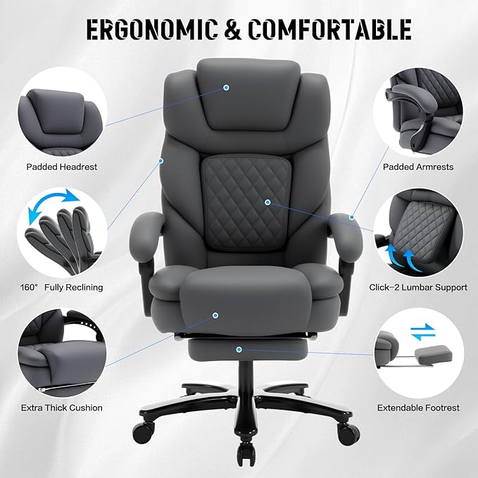 Heavy Duty Recliner Office Chair with Footrest, Wide Seat Big Tall Reclining Office Desk Chair for 500lbs Heavy People, Grey