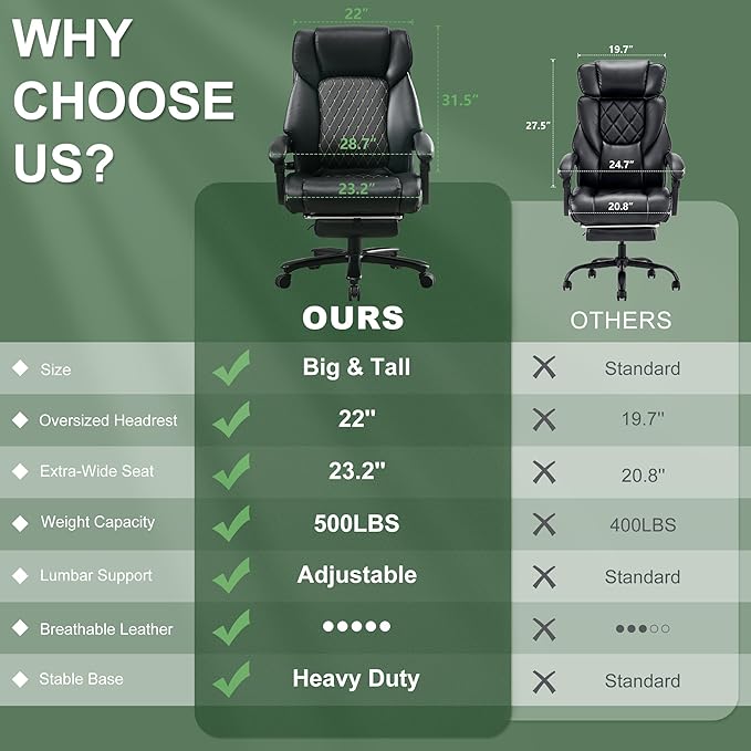 Reclining Office Chair with Retractable Footrest & Adjustable Lumbar Support - 500 lbs Capacity for Big and Tall Users, Leather Executive Desk Chair for Home Office, Work, and Relaxation, Black