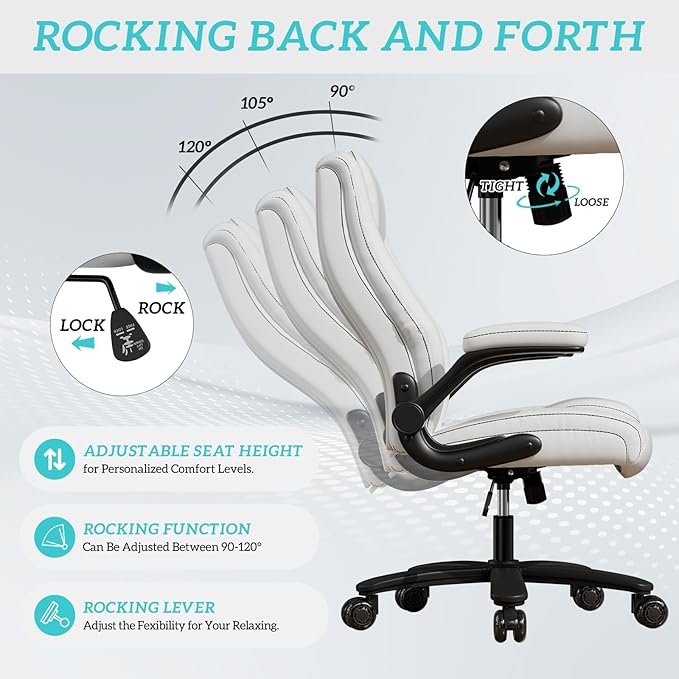 GYI Office Chair, Ergonomic Computer Desk Chair, Leather Executive Office Chair with High Back, Lumbar Support, Flip-up Arms, Wide and Thick Padded Seat, Heavy Duty Base, Rubber Wheels, White