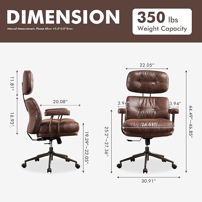High Back Executive Office Chair with Comfortable Deep Seat,Brown Mid Century Modern Office Chairs,Ergonomic Big and Tall Computer Desk Chair with Lumbar Support(Dark Brown Suede)