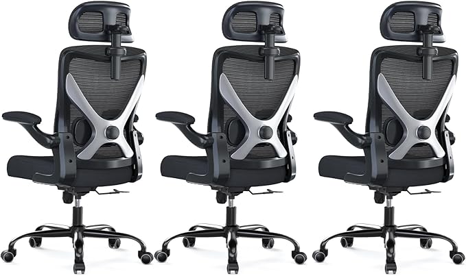 Ergonomic Office Chair - X-Shaped Computer Desk Chair Comfy, Gaming Chair, Office Chair with Lumbar Support, Mesh Office Chairs with Headrests, Desk Chair for Long Hours, Black Silver, Pack of 3