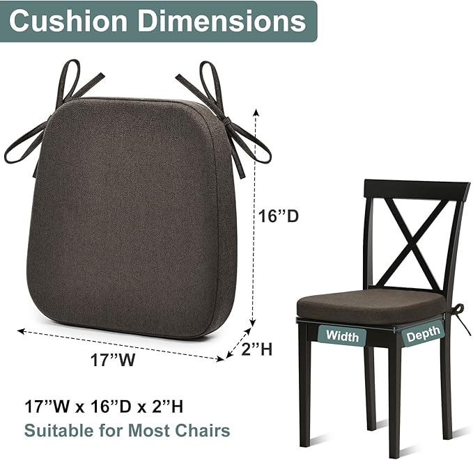 Shinnwa Seat Cushion for Dining Chairs, Patented Design Memory Foam Dining Chair Pad with Ties and Washable Cover, 17" x 16" x 2", Dark Brown