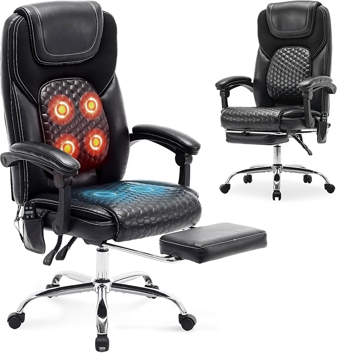 MALOL Massage Office Chair with 3-Level Heat and Footrest – 20-Min Easy Assembly, 300 lbs Big and Tall Reclining Desk Chair, PU Leather Ergonomic Executive Computer Chair with Side Pocket, Black