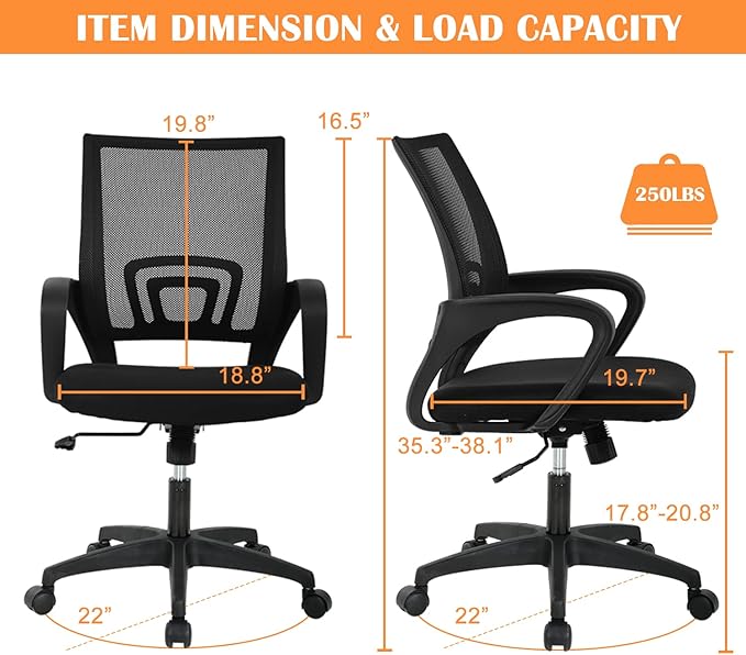 Office Chair, Desk Chair with Lumbar Support Arms, Adjustable Computer Chair with Breathable Mesh Backrest, Home Office Desk Chairs for Student, Adults, Study, Dorm, Comfortable Office Chair(Black)