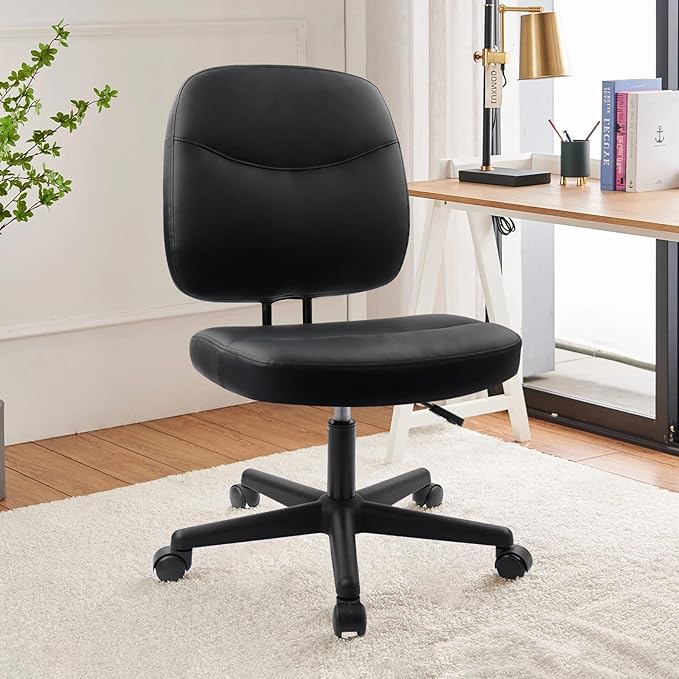 CLATINA Armless Home Office Chair,Small PU Leather Ergonomic Low Back Desk Chair with Lumbar Support and Wheels, Adjustable Height 360° Swivel Rolling Computer Task Chair, Black
