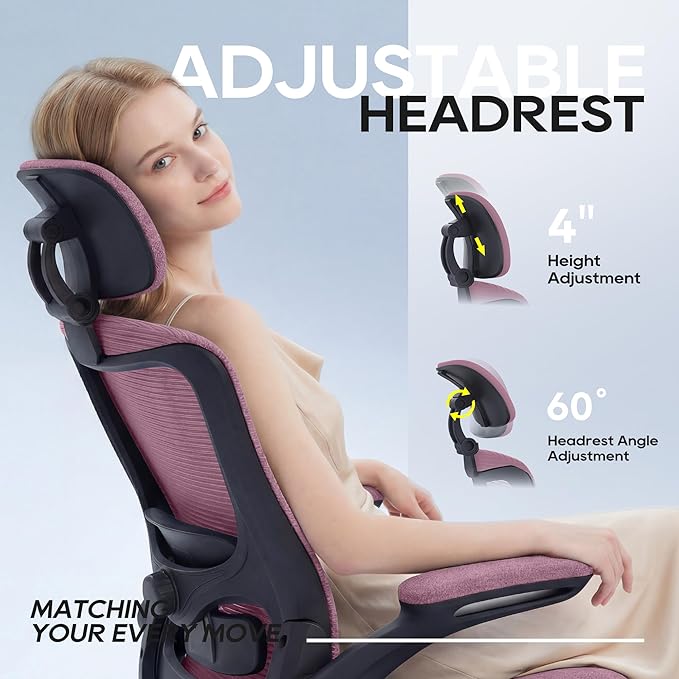 Office Chair, Ergonomic Mesh Desk Chair with Adjustable Lumbar Support and Headrest, Flip-up Armrests, High Back Computer Task Chair for Home and Executive Office (B-LPurple)