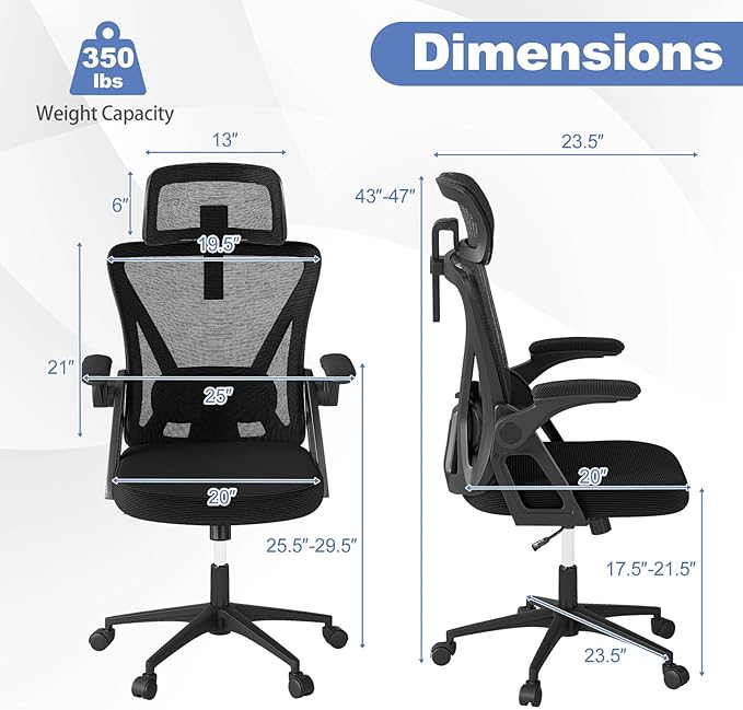 Giantex Ergonomic Mesh Office Chair, Computer Chiar with 2D Headrest, Flip-up Padded Arms & Rocking Function, High Back Desk Chairs for Home, Black