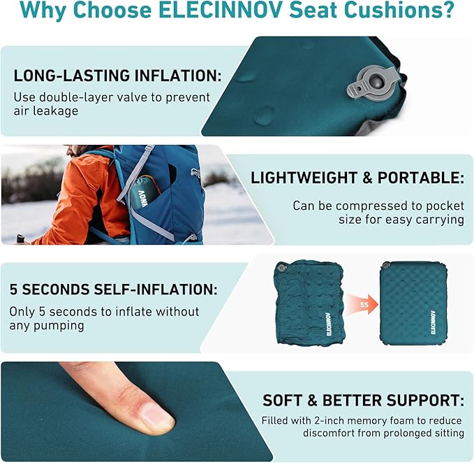 Inflatable Seat Cushion, 2 Pack Self Inflating Memory Foam Portable Stadium Seat Cushions for Bleachers Lightweight Camping Comfort Airplane Cushion for Long Flights Outdoor Events (2 Pack Blue)