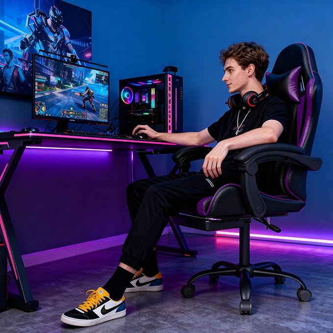 OS MOTOR Gaming Chair with Headrest and Lumbar Support, Ergonomic High Back Office Chair, Racing Style Executive Computer Desk Chair, Leather Adjustable Swivel Task Chair for Home Office (Purple)