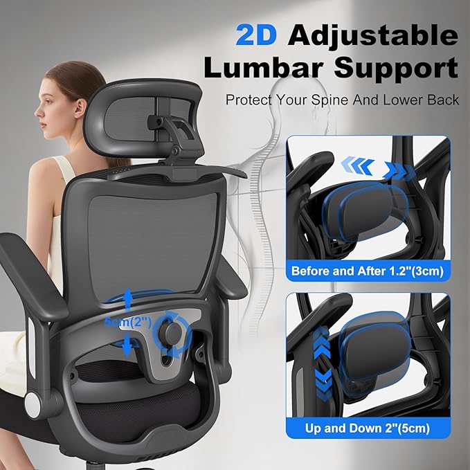 Ergonomic Office Chair with Footrest, High-Back Home Desk Chair with Adjustable Lumbar Support, Headrest, Flip-Up Arms, 90-135° Tilt Lock, and Wide Cushion, Big and Tall Mesh Computer Seating